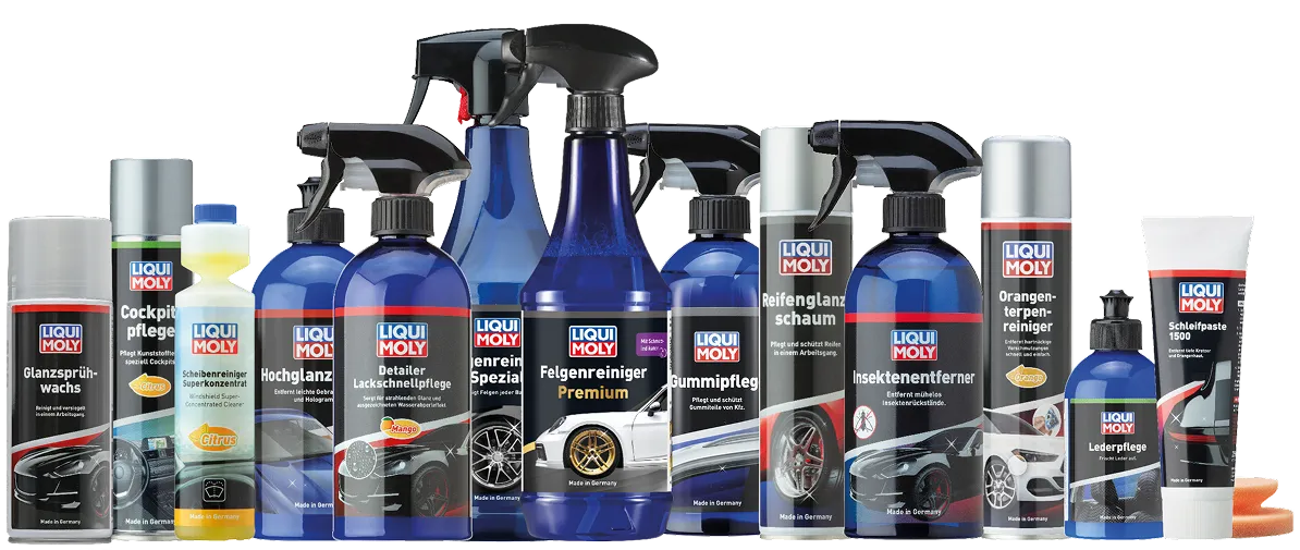 Verschiedene LIQUI MOLY Autopflegeprodukte in Sprüh- und Flaschenform.
